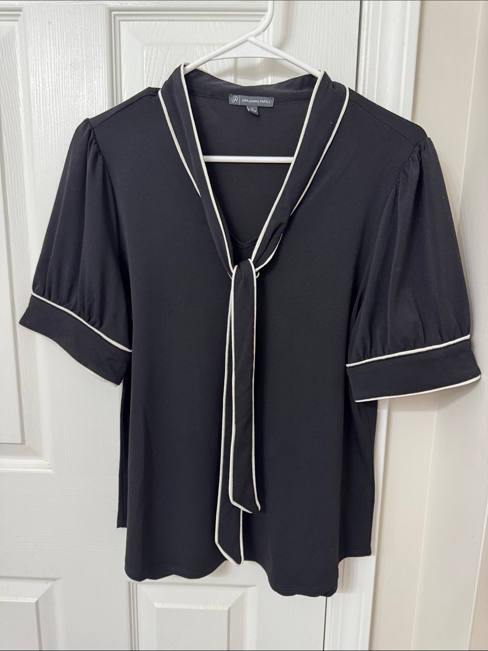 Adrianna Papell Black Blouse with Cream Piped Tie Neck